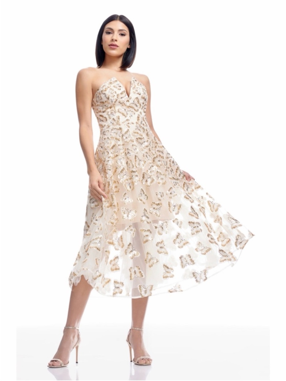 Dress The Population Briella Champagne Multi Butterfly Sequin Midi Dress
